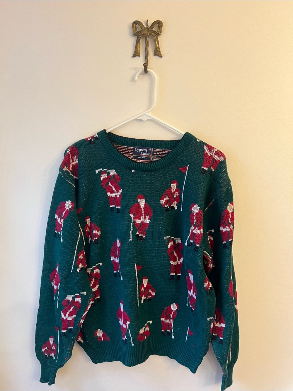 Vintage 90s Cypress Links Golfing Santa Sweater Medium Green Christmas Knit USA